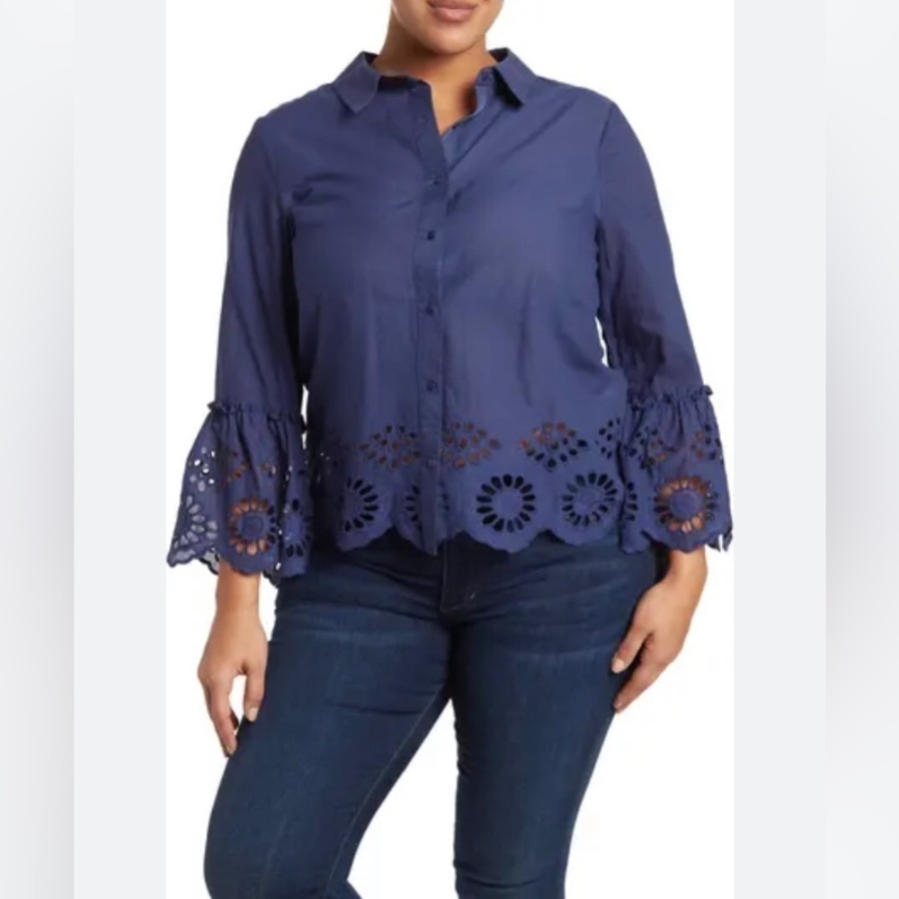 Nordstrom Forgotten Grace Button Down Navy Eyelet Trim Shirt Size 2X NWT - Picture 7 of 7